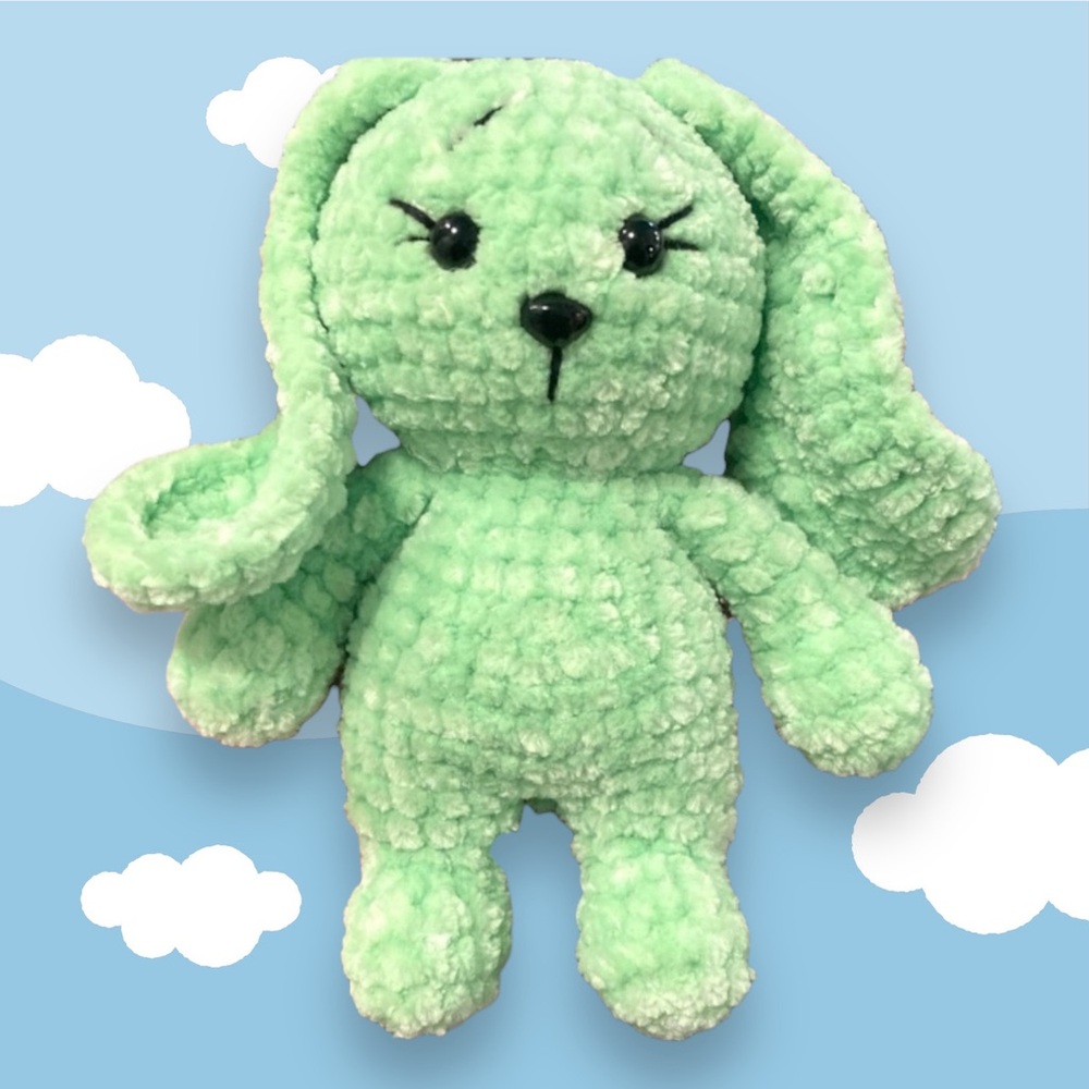 Hand Crafted crochet worried bunny rabbit chenille stuffed animal color mint